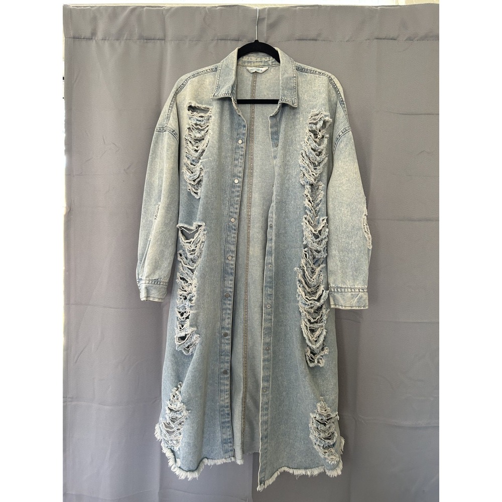 Highway Jeans Womens M Light Wash Distressed Denim Shirt Dress Snap Long Shacket